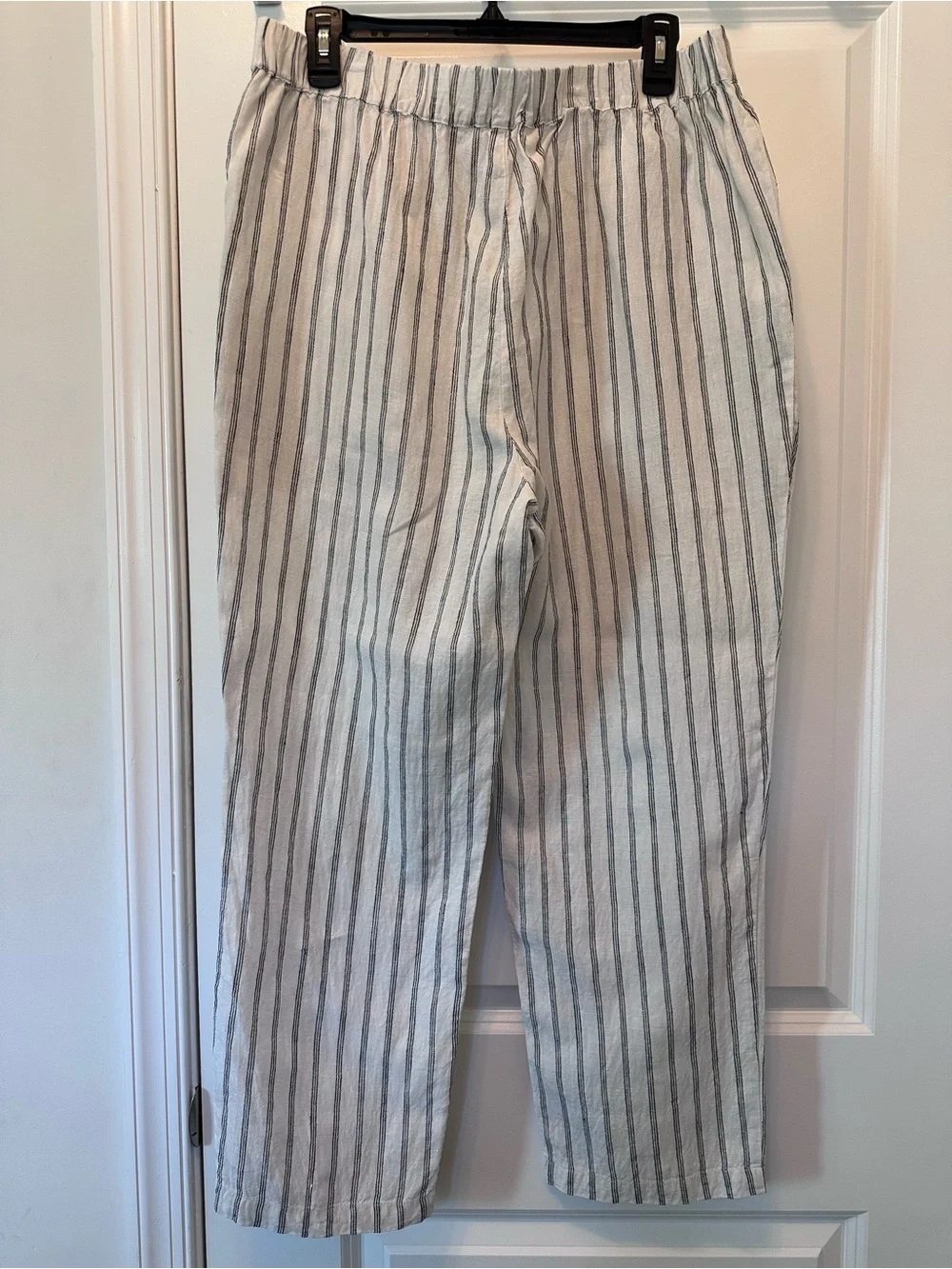 Quince 100% European Linen Tapered Ankle Pant Oatmeal Black Stripe Size L